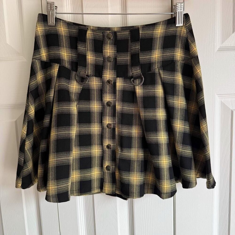Yellow & black plaid button front mini skirt size S by Hot Topic